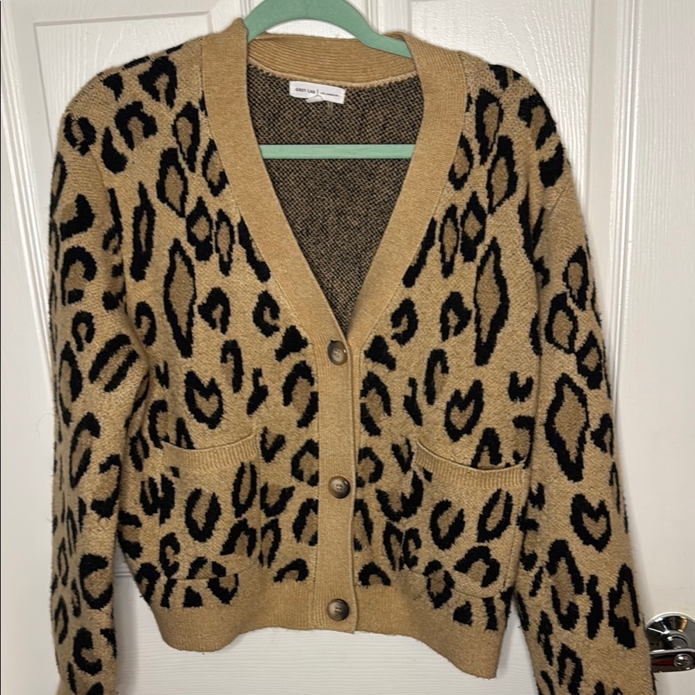 Grey Lab Tan and Black Leopard Print Cardigan